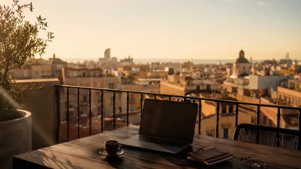 Portátil, café exprés y cuaderno en la mesa de una terraza con vistas a los tejados mediterráneos durante la hora dorada en España