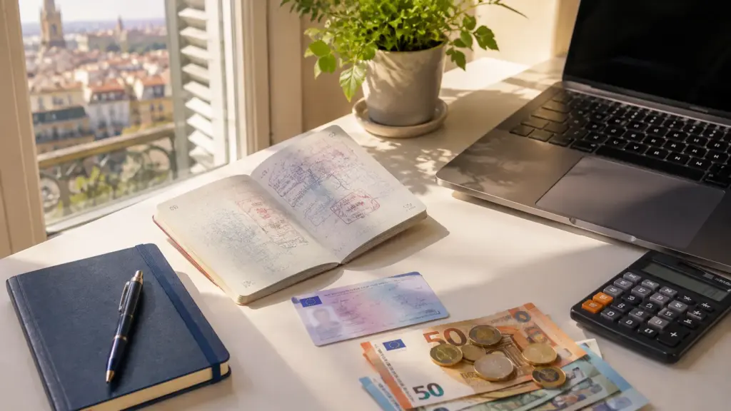 Spain Digital Nomad Visa cost breakdown: passport, euro banknotes and calculator on a desk