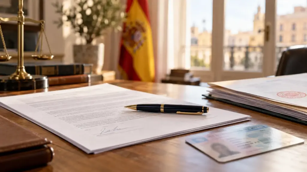 Contrato de trabajo firmado y tarjeta TIE española en una mesa, que ilustra el permiso de trabajo en España