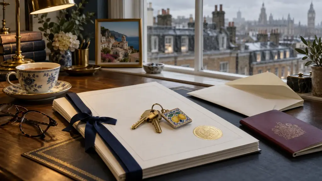 Power of attorney in Spain document with notarial seal, Spanish property keys and passport on a desk in London